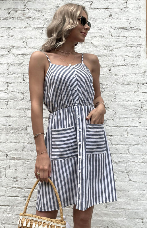 Grey Striped Cotton Linen Slip Dress – Sleeveless Button-Front Midi