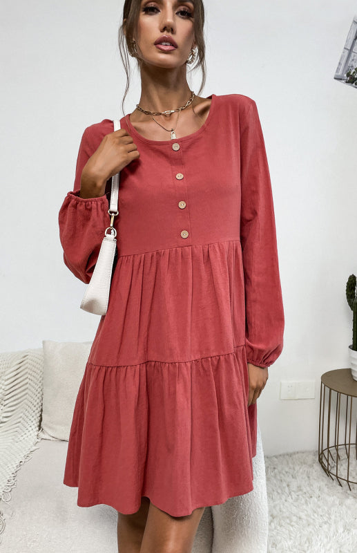 Women's Pleated Solid Color Round Neck Long Sleeve Cotton Linen Loose Dress