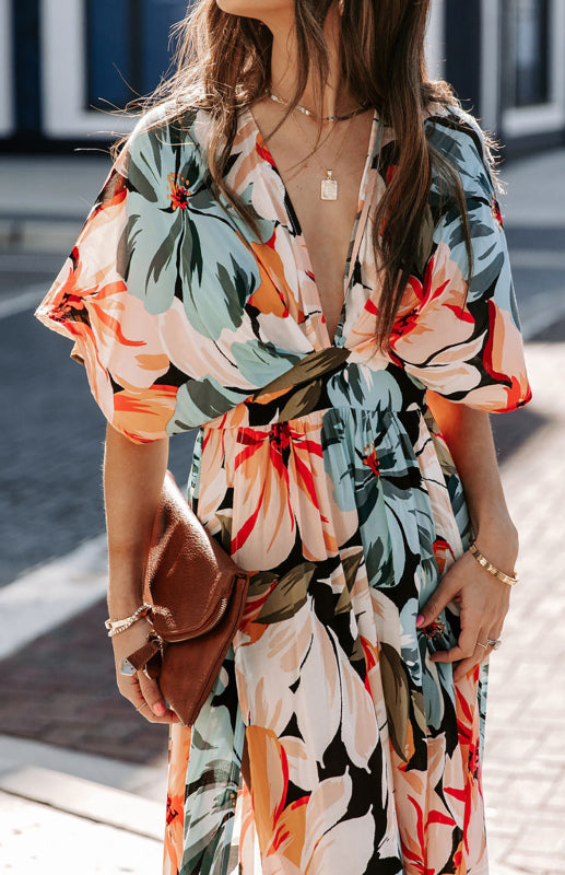 Women's Orange Floral Kimono Maxi Dress – Deep V-Neck Summer Cover-Up