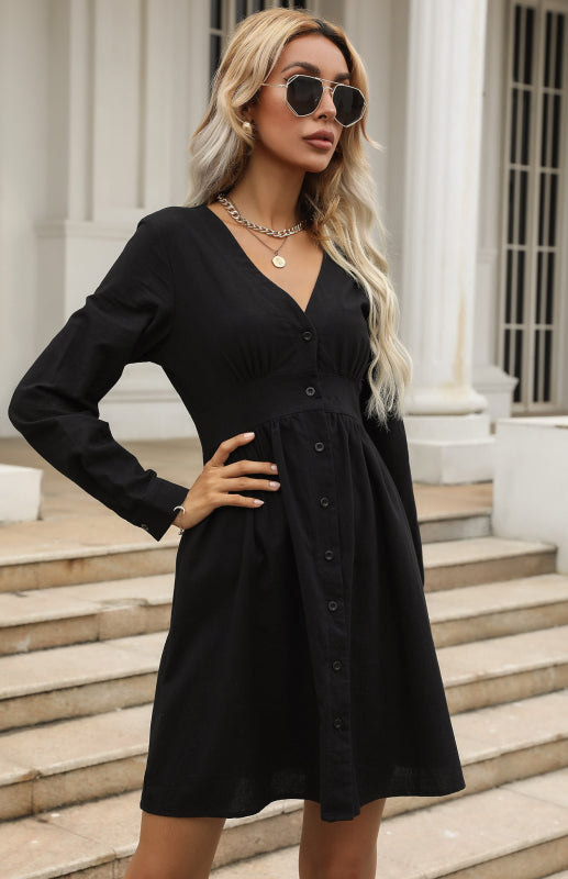 Black V-Neck Cotton-Blend Slim Shirt Dress – Long Sleeve, High Waist