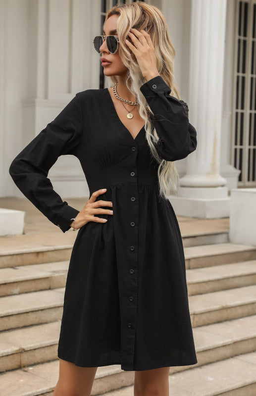 Black V-Neck Cotton-Blend Slim Shirt Dress – Long Sleeve, High Waist