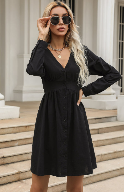 Black V-Neck Cotton-Blend Slim Shirt Dress – Long Sleeve, High Waist