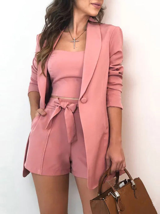 Women's Lapel Blazer & Shorts Two-Piece Set – Cotton Blend, Spring-Summer Style