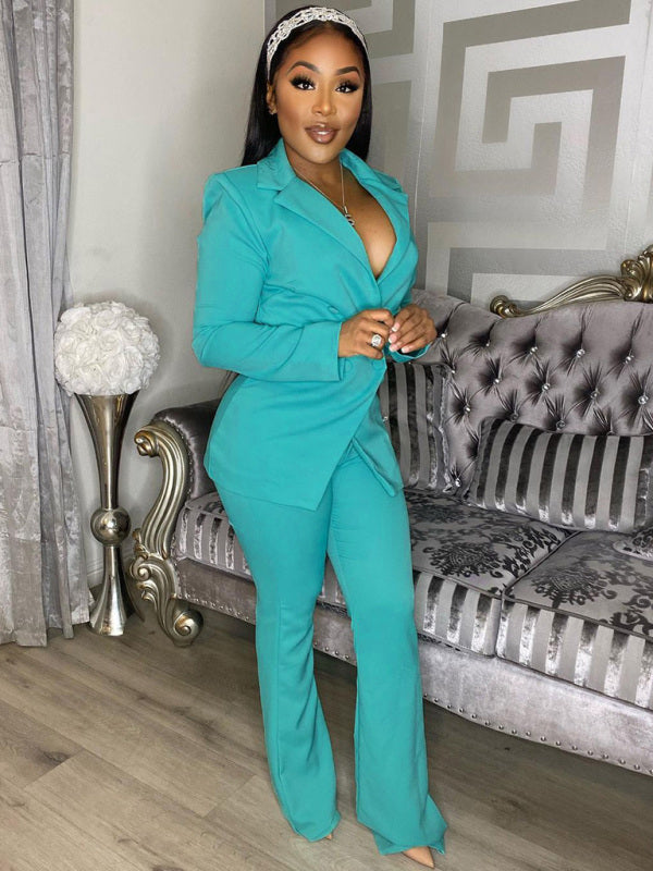 Elegant Double-Breasted Flared Pantsuit – Long Sleeve Women's Two-Piece Set