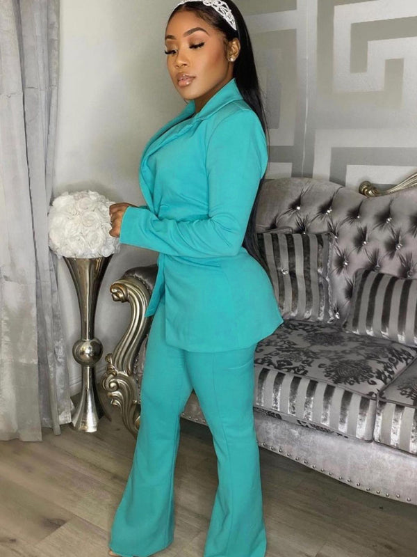 Elegant Double-Breasted Flared Pantsuit – Long Sleeve Women's Two-Piece Set