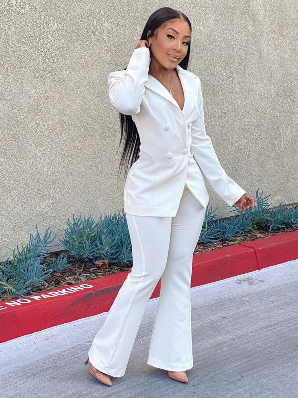 Elegant Double-Breasted Flared Pantsuit – Long Sleeve Women's Two-Piece Set