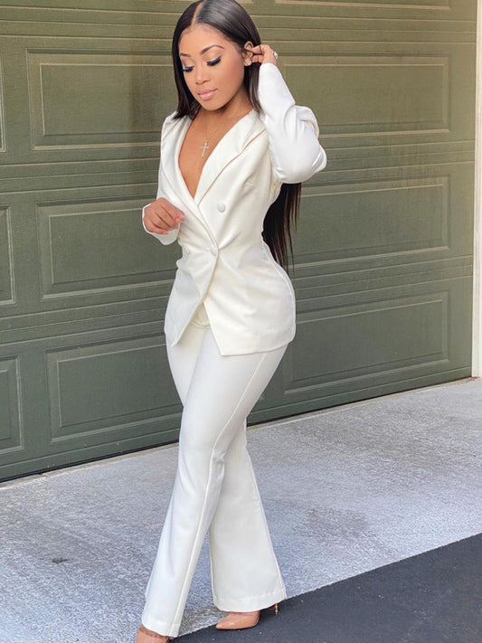 Elegant Double-Breasted Flared Pantsuit – Long Sleeve Women's Two-Piece Set
