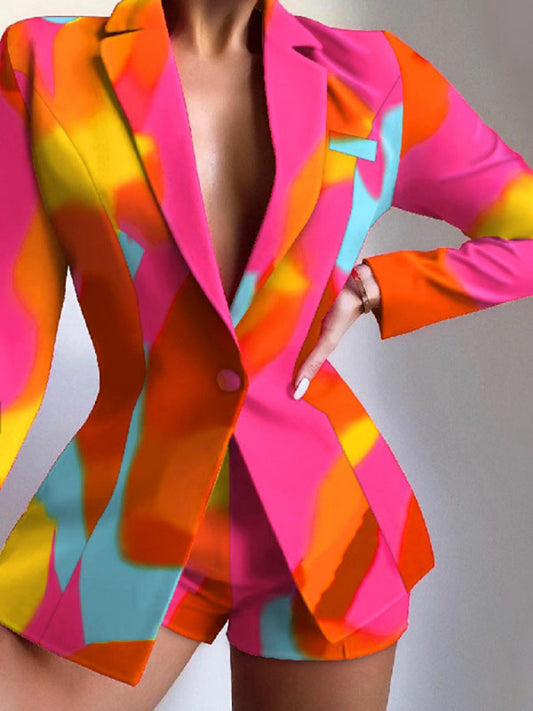 Abstract Print Blazer & Shorts Set – Lapel Collar, Lightweight & Sleek Fit