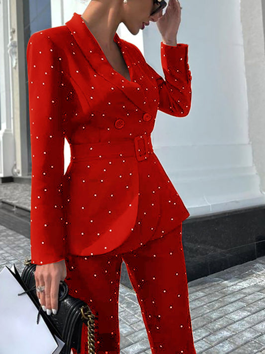 Studded Lapel Knit Two-Piece Sweater Suit – Polka Dot Blazer & Pants Set