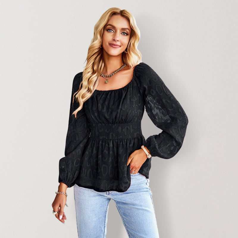 Women's Square Neck Long Sleeve Blouse Black