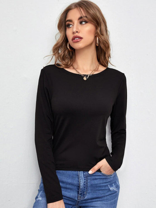 Women's hollowed back tie tie long -sleeved T -shirt