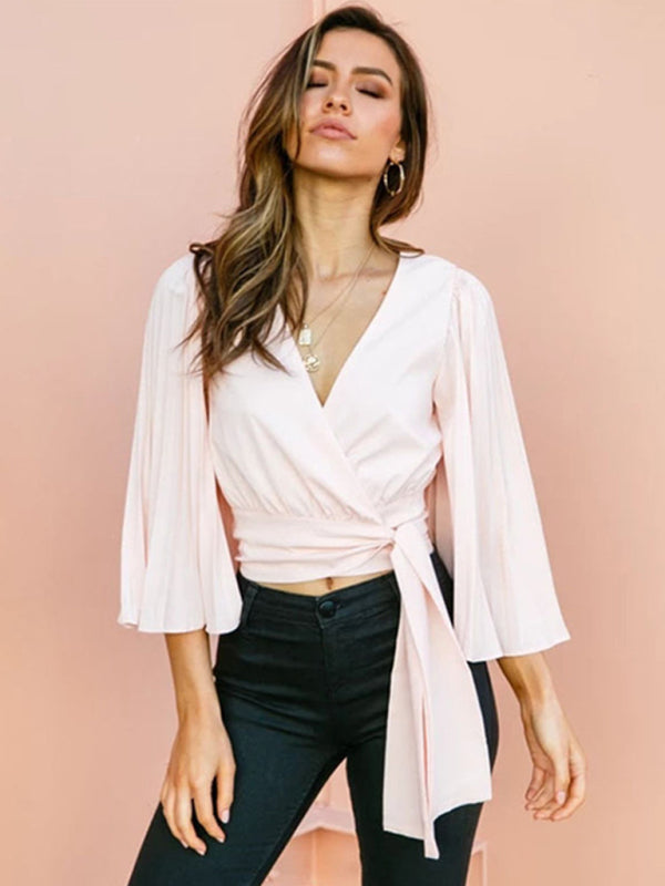 Women's V-Neck Flared Sleeve Long Sleeve Top