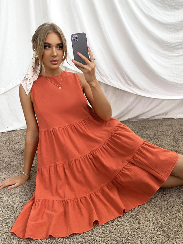 Cotton Sleeveless Midi Dress – Lotus Leaf Trim & Round Neck in Orange