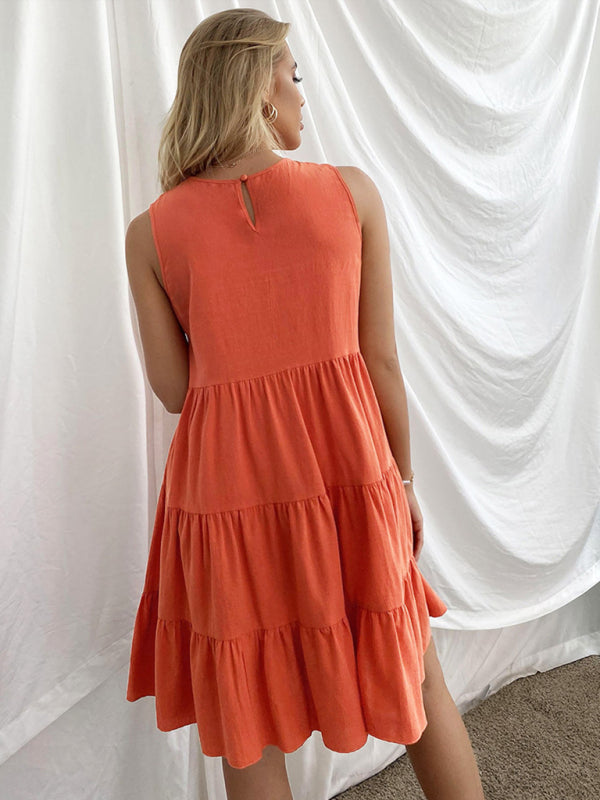 Cotton Sleeveless Midi Dress – Lotus Leaf Trim & Round Neck in Orange
