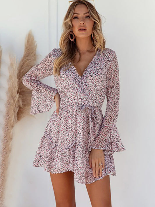 Romantic Floral V-Neck Dress – Long Flared Sleeves & Waist Cinch