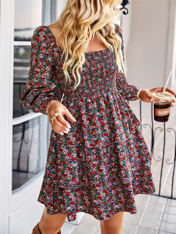 French-Inspired Long Sleeve Cake Dress – Elegant Square Neck Design