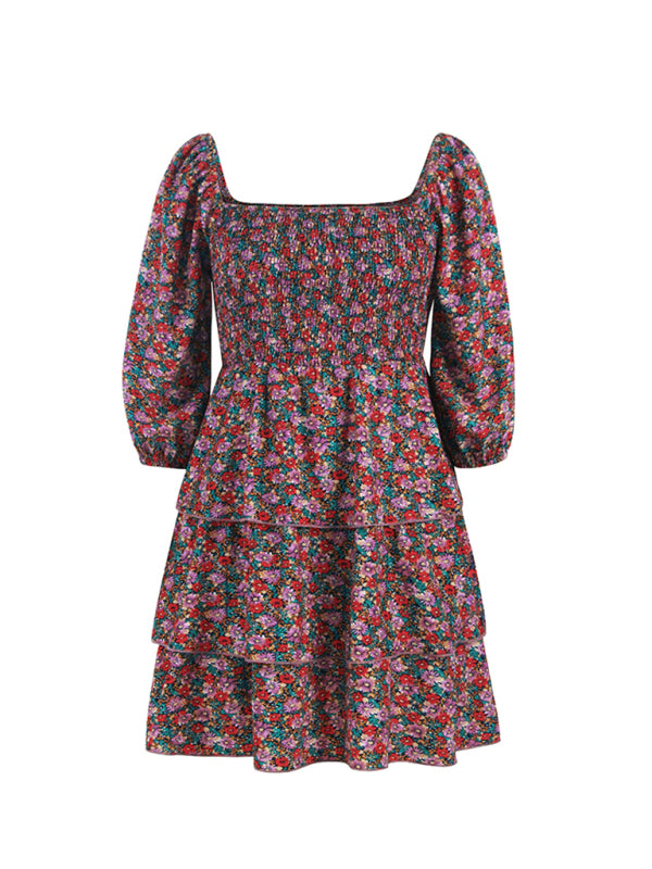 French-Inspired Long Sleeve Cake Dress – Elegant Square Neck Design
