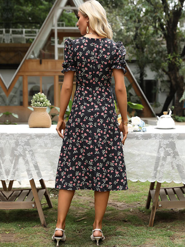 Retro Floral V-Neck Puff Sleeve Midi Dress – French-Inspired Elegance