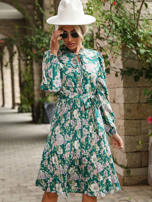 Pleated Crew Neck Vintage Dress – Long Sleeve Floral Print, Elegant Fit