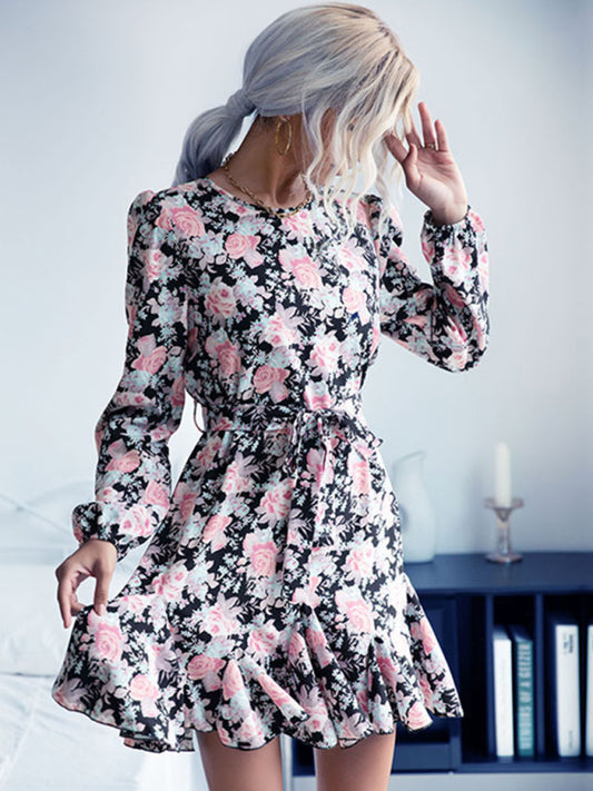 Black Long Sleeve Woven Mini Dress – Casual Fit with Random Print