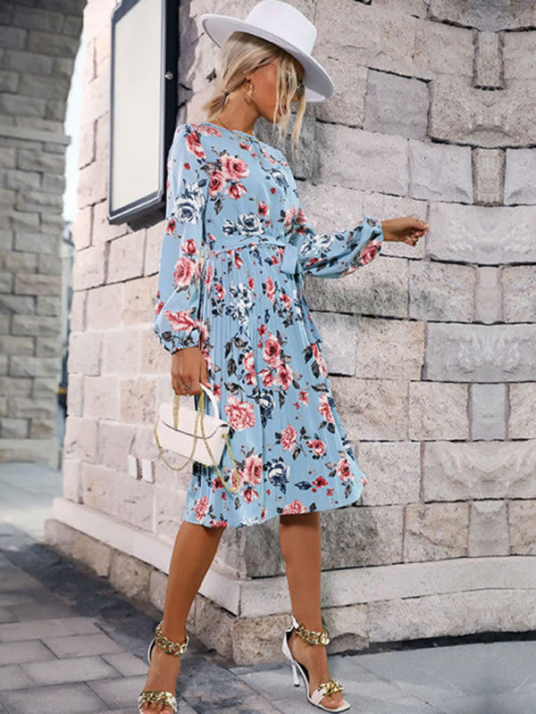 Retro Long Sleeve Floral Pleated Midi Dress – Blue Woven Polyester