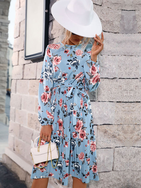 Retro Long Sleeve Floral Pleated Midi Dress – Blue Woven Polyester