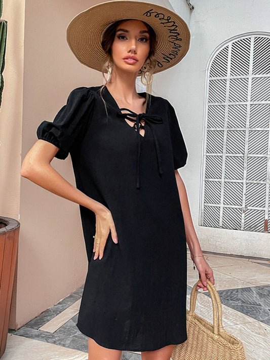 Black Relaxed-Fit Midi Dress – Short Sleeve, Lightweight Polyester, Spring-Summer