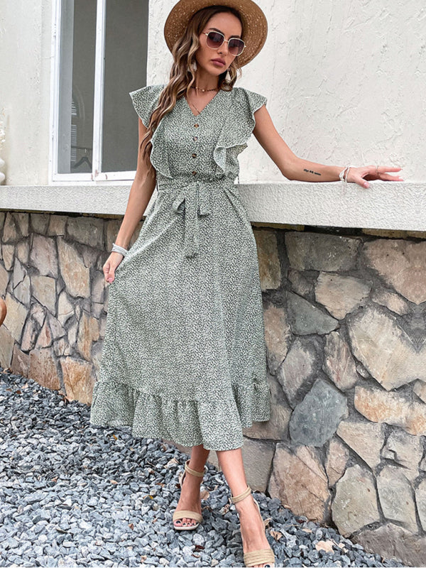 Retro High Waist Slim Maxi Dress – Green Print, Short Sleeves, Boho Style