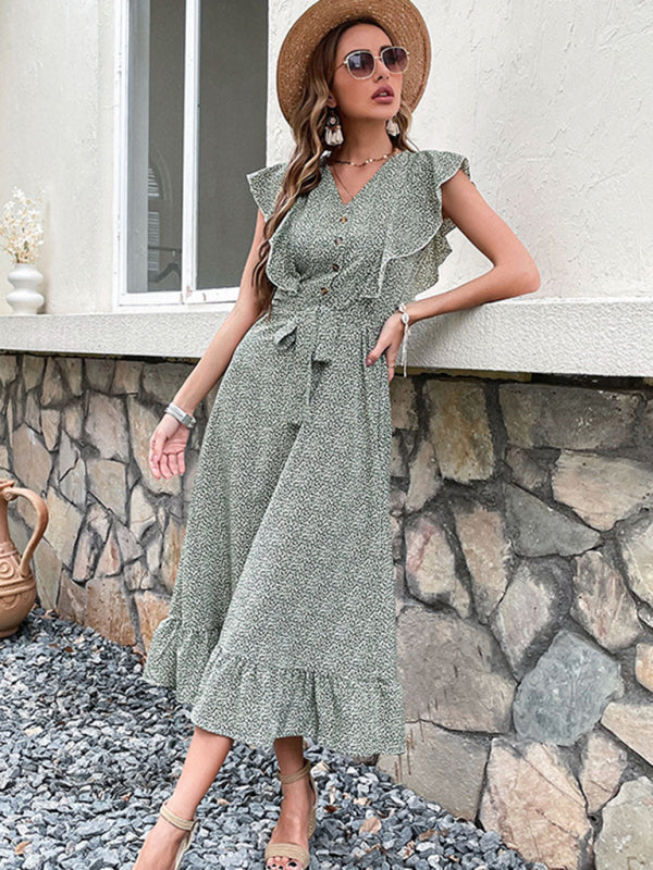 Retro High Waist Slim Maxi Dress – Green Print, Short Sleeves, Boho Style