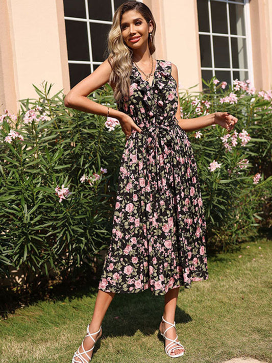 Vintage Floral Print Black Maxi Dress – Sleeveless, Flowy & Elegant