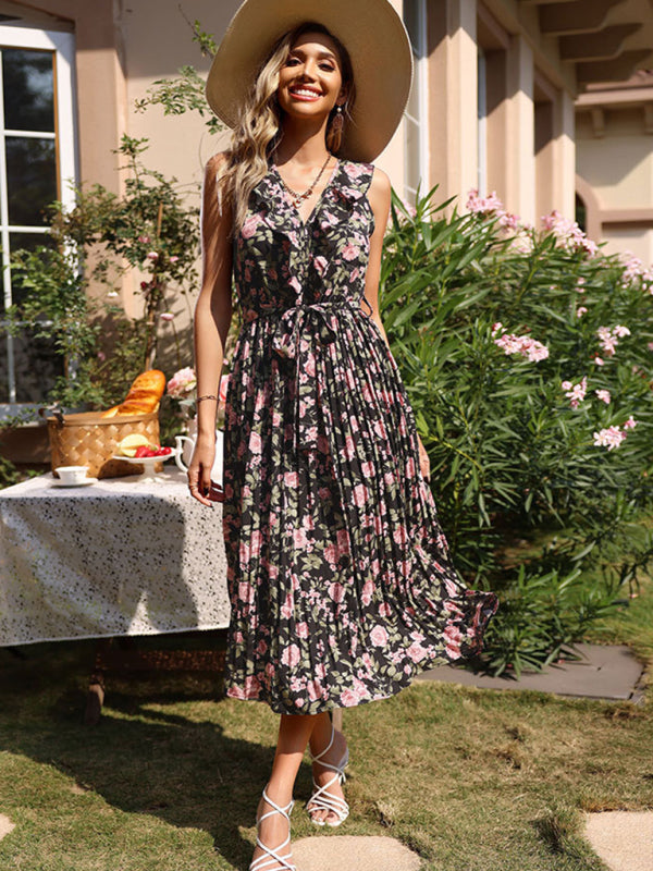 Vintage Floral Print Black Maxi Dress – Sleeveless, Flowy & Elegant