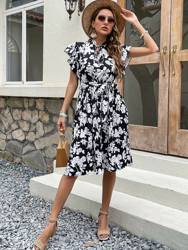 Black Printed High Waist Midi Dress – Short Sleeve, Woven Polyester, Spring-Summer