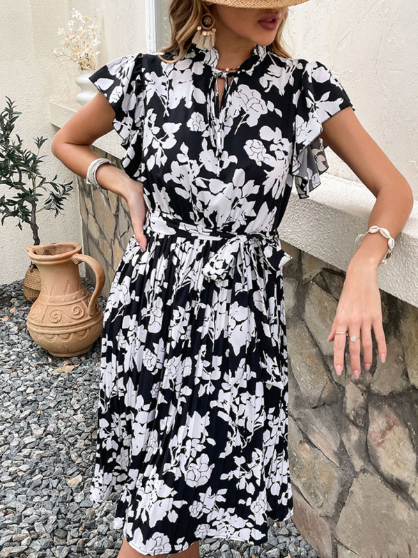 Black Printed High Waist Midi Dress – Short Sleeve, Woven Polyester, Spring-Summer