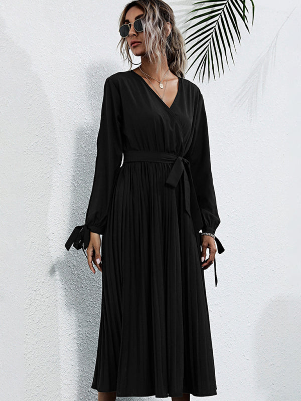 Elegant V-Neck Long Sleeve Midi Dress with Cutout – Spring Leisure Style