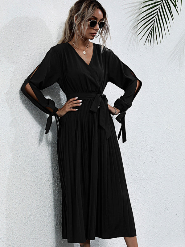 Elegant V-Neck Long Sleeve Midi Dress with Cutout – Spring Leisure Style