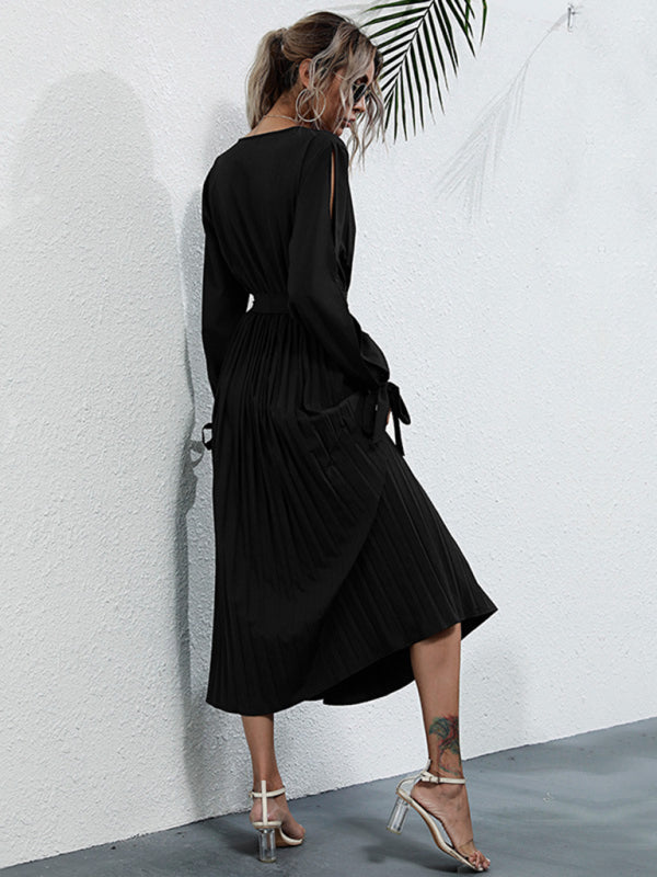 Elegant V-Neck Long Sleeve Midi Dress with Cutout – Spring Leisure Style