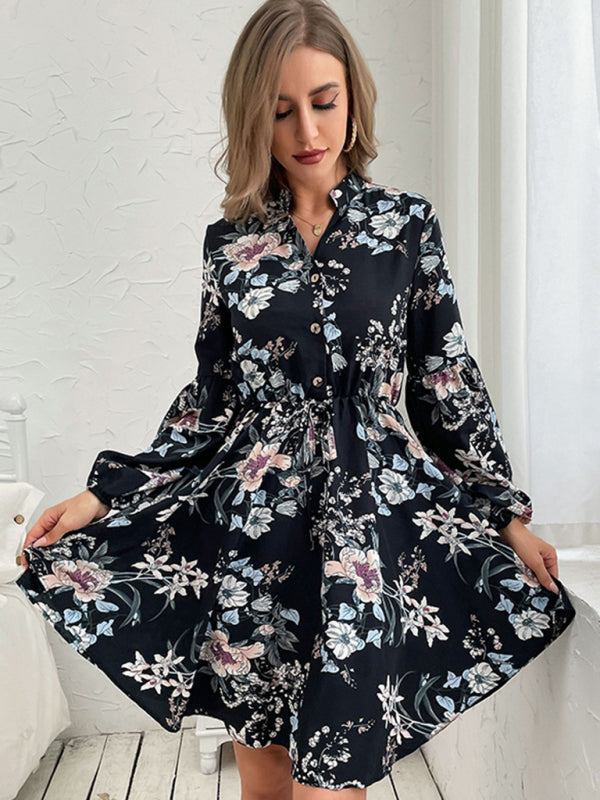 Black Vintage Long Sleeve Print Dress – Casual Woven Style, Spring-Summer Fit