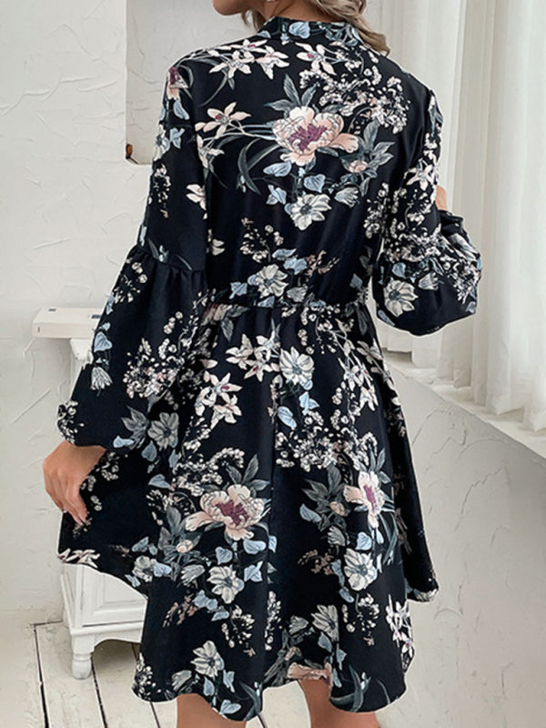 Black Vintage Long Sleeve Print Dress – Casual Woven Style, Spring-Summer Fit