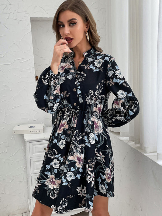 Black Vintage Long Sleeve Print Dress – Casual Woven Style, Spring-Summer Fit