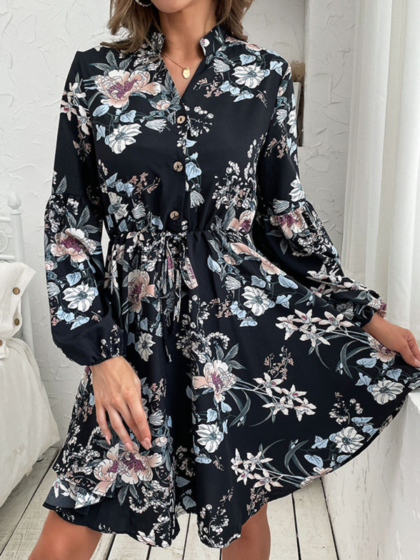 Black Vintage Long Sleeve Print Dress – Casual Woven Style, Spring-Summer Fit