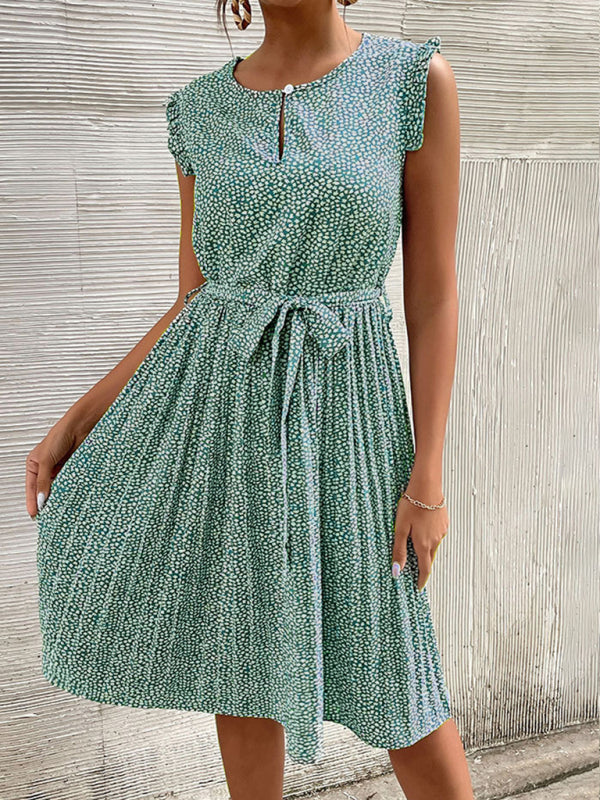 Lace-Up Pleated Midi Dress – Green Floral Sleeveless Summer Dress