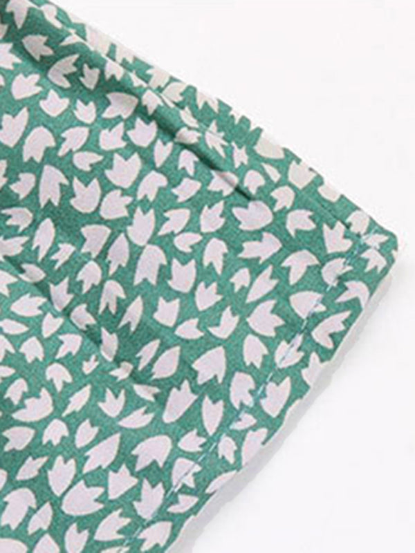 Lace-Up Pleated Midi Dress – Green Floral Sleeveless Summer Dress