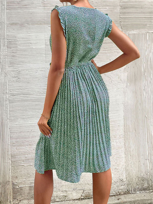 Lace-Up Pleated Midi Dress – Green Floral Sleeveless Summer Dress