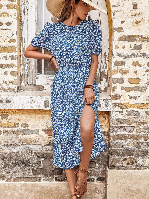 Floral Split Midi Dress – Short Sleeve Casual Fit in Blue
