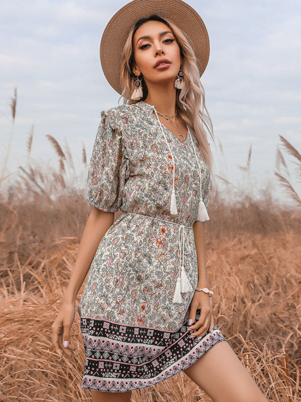 Floral Slim Fit V-Neck Dress with Fringe Detail – Half Sleeve, Spring-Summer