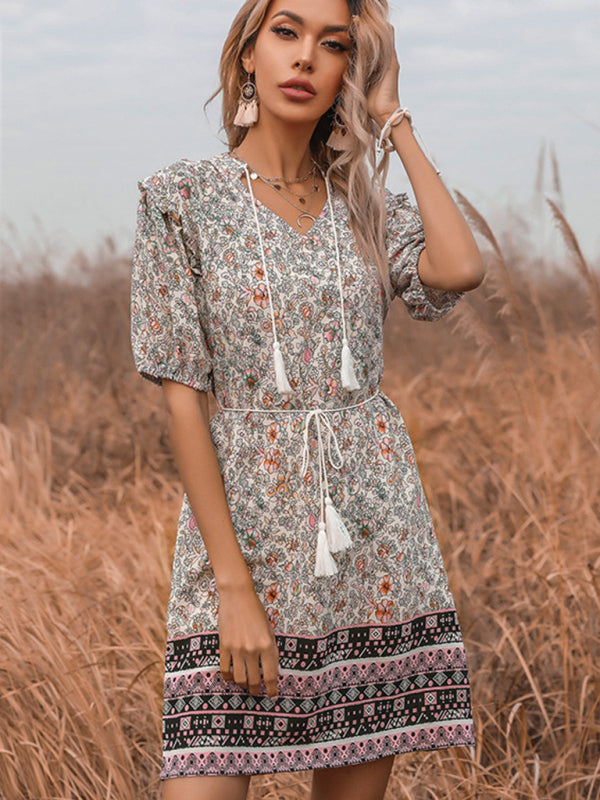 Floral Slim Fit V-Neck Dress with Fringe Detail – Half Sleeve, Spring-Summer