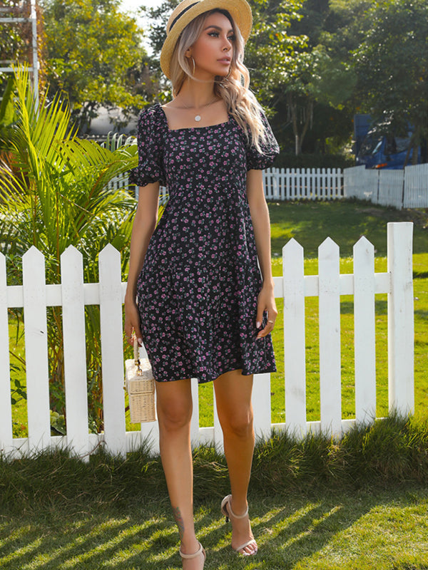 One-Shoulder Black Floral Dress – Pleated Detail & Raglan Short Sleeves