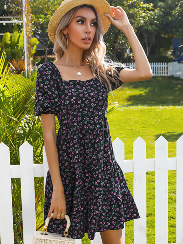 One-Shoulder Black Floral Dress – Pleated Detail & Raglan Short Sleeves