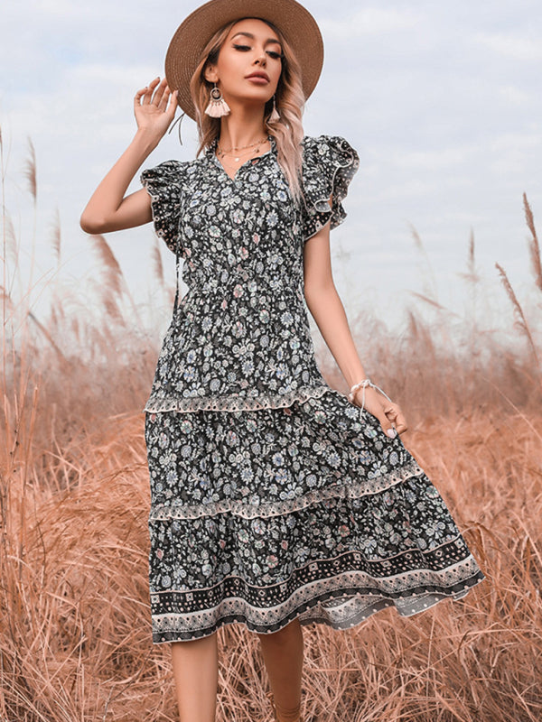 Retro Floral V-Neck Fringed Dress – Short Sleeve, Lightweight & Vintage Style