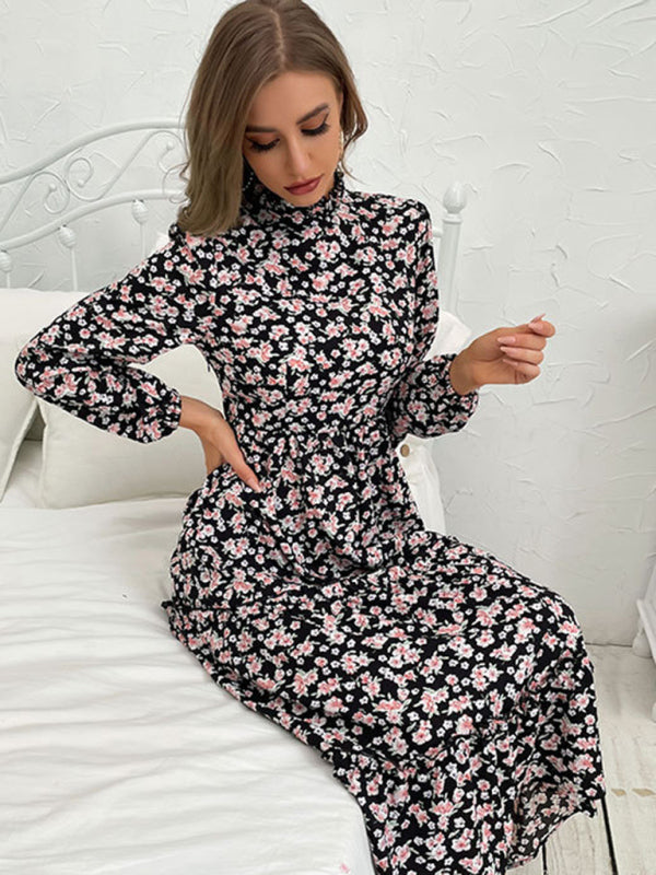 Mid-Length Turtleneck Pleated Dress – Random Print & Long Sleeves